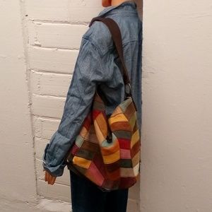 ￼￼Lucky Brand Patchwork Multicolor Women Boho Bag Purse Leather Suede